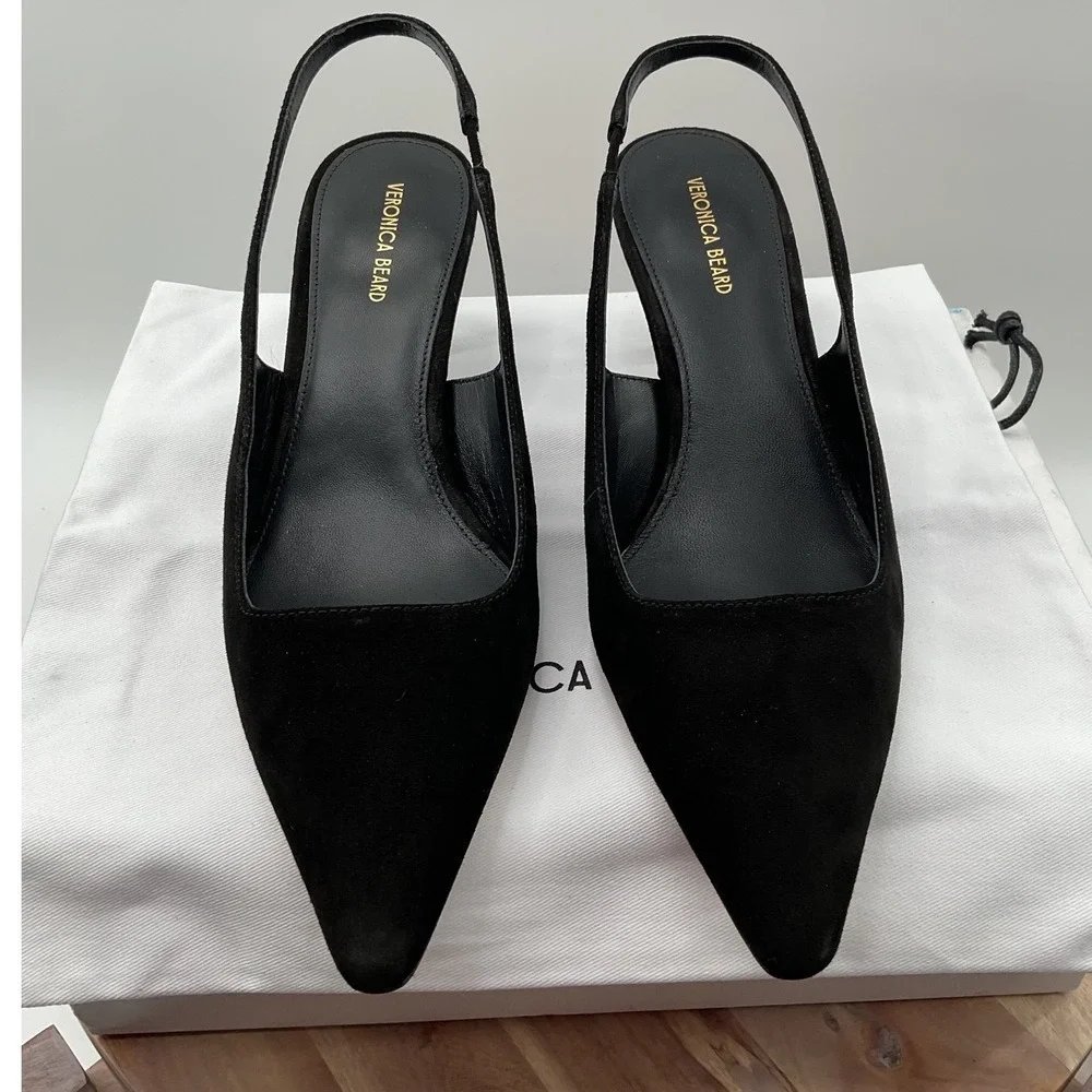 Veronica Beard Cashel Black Suede Pointed Toe Slingback Kitten Heel Pumps 8M - Picture 4 of 15